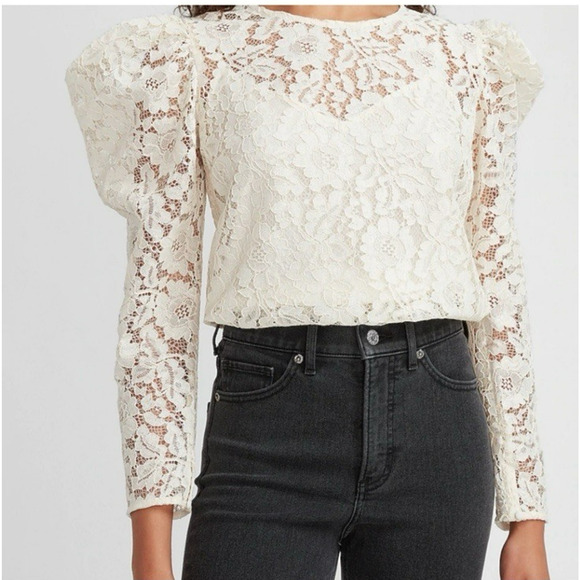 Express New Cream Floral Lace Long Puff Sleeve Top Large Castlecore Renaissance - Picture 1 of 16